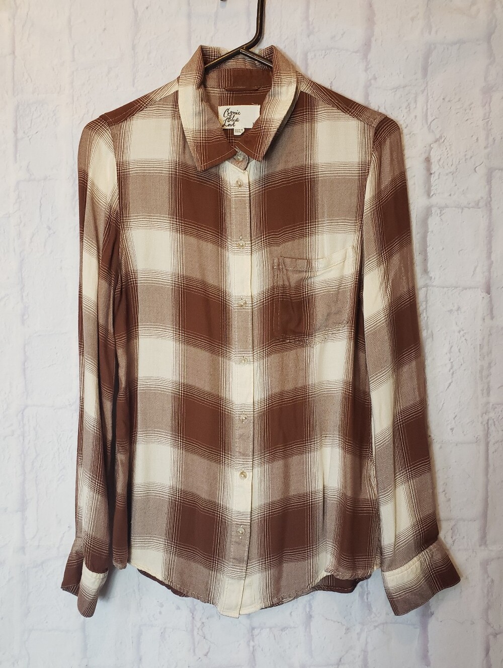 COSMIC BLUE LOVE Plaid Button Down Shirt Brown & Cream XS